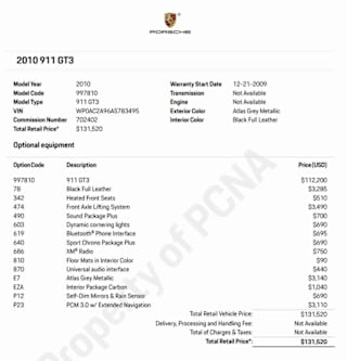 2010 Porsche 911 GT3 WP0AC2A96AS783495 2010 Porsche 911 GT3
